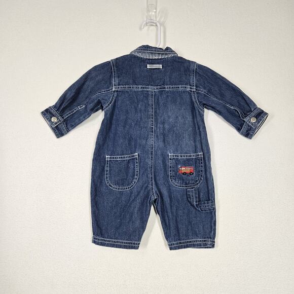 VTG Save The Children Newton Trading Co Denim Romper 3 Mo Blue Embr Fire Truck - Picture 6 of 14